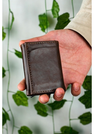 Brahma Model Unisex Vegan Deri Mekanizmalı Vegan Deri Rfıd Cüzdan Kartlık Portföy Crazy Kahve Siyah