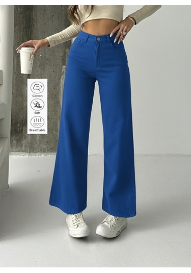 Kadın Yüksek Bel Keten Boyfriend Bol Paça Mavi