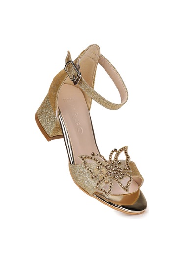 Kiko Kids Zete Kum Simli Kız Çocuk 4 Cm Topuklu Sandalet Abiye Ayakkabı Altın Altın