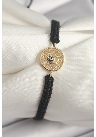 Pirinç Gold Renk Zirkon Taşlı Nazar Boncuk İşleme Makrome Asansörlü Model Kadın Bileklik - Tj-bb6789 Gümüş