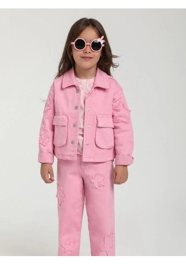Kız Çocuk Yıldız İşlemeli Cep Detaylı Tasarım Pembe Kot Ceket-15651 Pembe