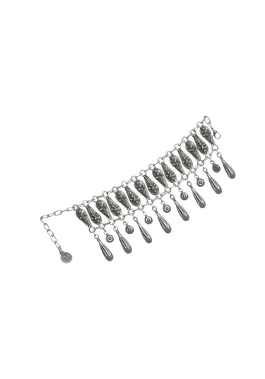 Labalaba Kadın Antik Gümüş Kaplama Zincirli Model Yaprak Stilizesi Halhal Gümüş