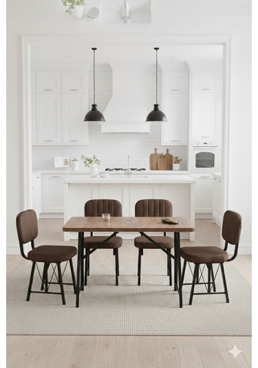 Elfin 70x110cm Sabit Atllantik Yemek Masası, Yemek Masası Takımı, Mutfak Masası, 4 Kahverengi Sandalye Kahverengi