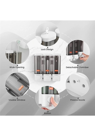 Xurunkeji Duvara Monte Sabunluk Banyo 3 Bölmeli, Duş Duvarı İçin Montaj Vidalarıyla Berrak Sıvı Duş Sabunu Dağıtıcısı Beyaz