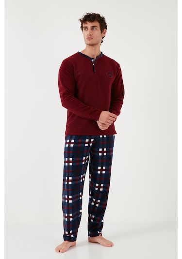 Buratti Regular Fit Bisiklet Yaka Kışlık Yumuşak Dokulu Polar Erkek Pijama Takımı 6096100 Bordo