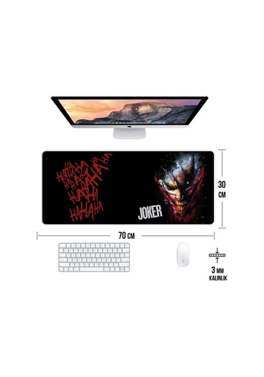 Joker Oyun Gaming Klavye Mouse Pad Kaymaz Taban Kenarları Dikişli Su Geçirmez Masa Matı 70x30 Cm