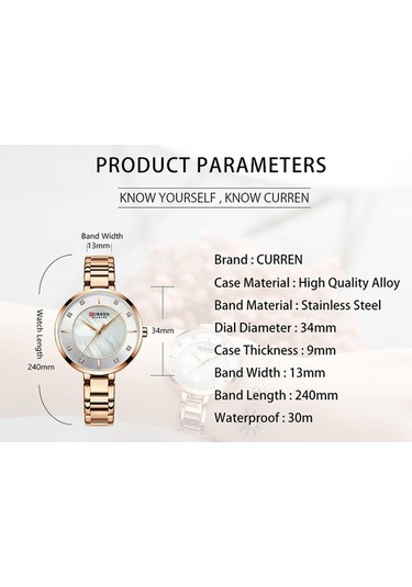 Yingfu Curren 9051 Kadın Saati - Altın Kasa, Su Geçirmez Rose Gold Tasarım Rose Gold