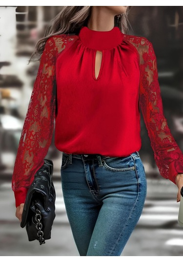 Tua Moda Kadın Uzun Kollu Göğüs Pencere Detay Yaka Boğazlı Kolları Tüllü Sandy Bluz Kırmızı