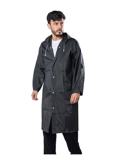 Marlux Unisex Su Rüzgar Geçirmez Kapüşonlu Çıtçıt Düğme Eva Yağmurluk - Siyah - Beyaz