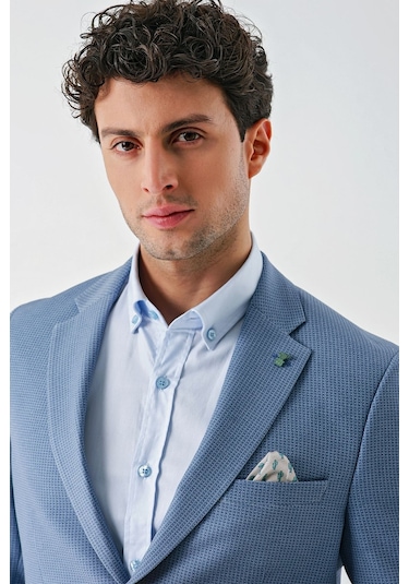 Örme Mono Yaka Çift Yırtmaç Likralı 6 Drop Slim Fit Dar Kesim Klasik Ceket 1002240138 - Açık Mavi