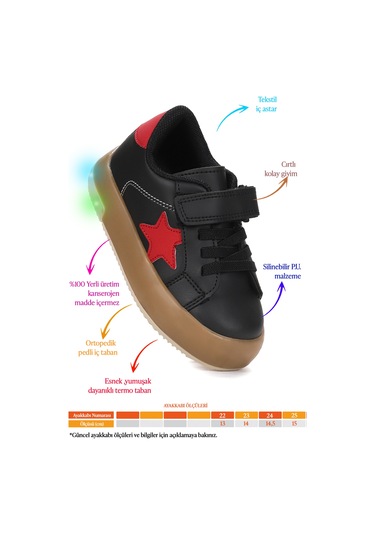 Kiko Kids Rena Günlük Cırtlı Işıklı Kız Bebek Spor Ayakkabı Siyah - Kırmızı Siyah - Kırmızı
