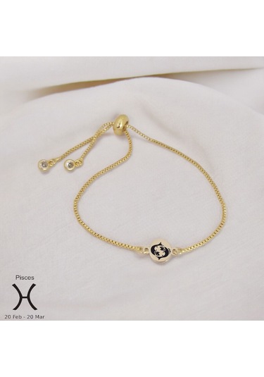 Archin Balık Burçları İçin 14 Ayar Altın Plakalı Yuvarlak Motifli Zincirli Hediye Bileklik-417burç Balık