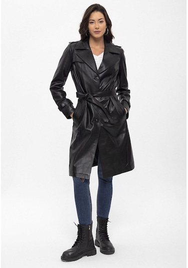 Siyah Cassie Yırtmaçlı Astarlı Kemerli Trençkot Kadın Hakiki Deri Kaban-siyah Siyah