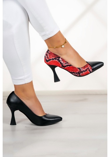 Jatqılı Plus Kırmızı Yılan Kadeh Topuklu Ayakkabı Siyah - Kırmızı
