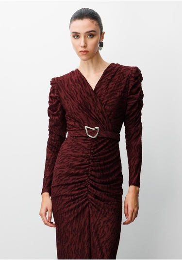 Moda İlgi Kadın Kruvaze Büzgü Detaylı Jakar Yakma Kumaş Beli Kemerli Kalem Elbise 0022 Bordo Bordo