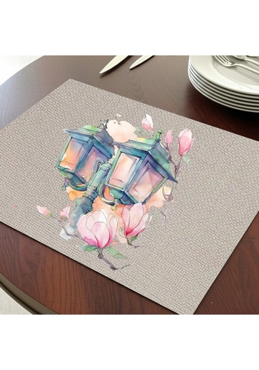 Çiçekli Sokak Lambası Tasarımlı Amerikan Servis, Tabak Altlığı & Masa Dekoru, Ev Hediyesi, 2 Adet Krem