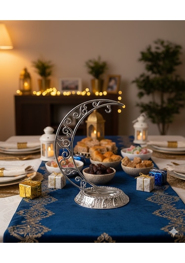 28 Cm Ramazan Dekoratif Masa Üstü Hilal Gümüş Plastik Tabanlı Süs Diğer