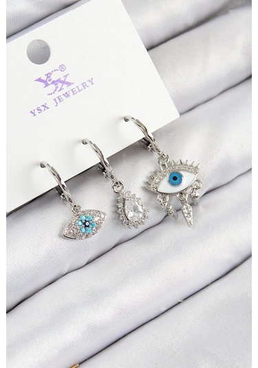 Pirinç Zirkon Taşlı 3'lü Fatma'nın Gözü Model Gümüş Renk Kadın Küpe Çok Renkli