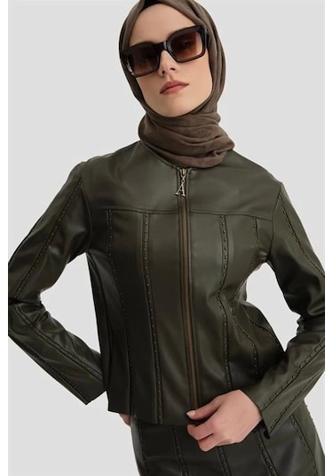 Armine Trok Biyeli Deri Ceket 24k5716 Haki Haki