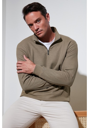 Buratti Pamuklu Regular Fit Yarım Fermuarlı Dik Yaka Erkek Sweat 5905716 Koyu Vizon