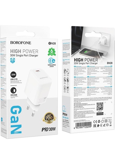 Borofone Bn28 Fuente Tek Portlu Pd30w Şarj Cihazı, Fiş Tipi: Ab Fiş Beyaz Beyaz