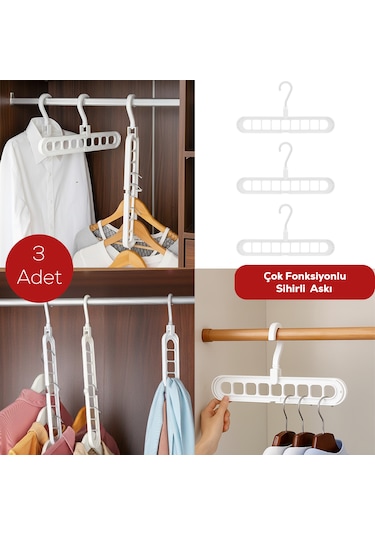 Porsima Org-250 3 Adet Çok Fonksiyonlu Dolap Içi Düzenleyici Organizer Sihirli Askı Tişört Gömlek Elbise Askısı Beyaz
