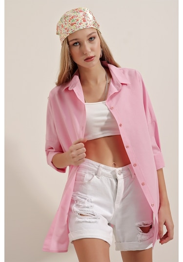 Bigdart 3900 Oversize Uzun Basic Gömlek - Pembe 001