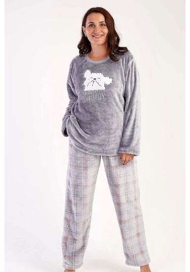 Kadın Uzun Kol Büyük Beden Welsoft Gri Pijama Takımı C3t0n3o069 001
