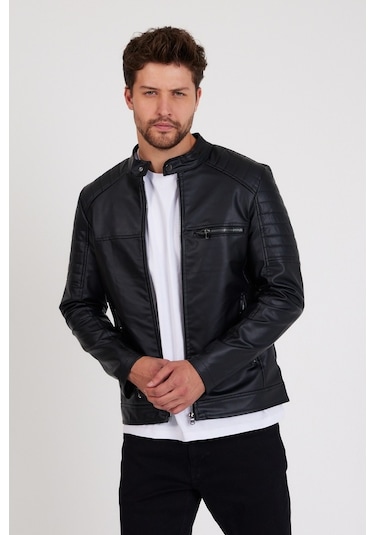 Mero Life Dar Kesim Erkek Deri Ceket Mont - Siyah