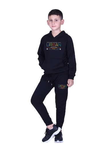Kapüşonlu Kanguru Cepli Urban Yazı Baskılı Erkek Çocuk Eşofman Takımı Siyah