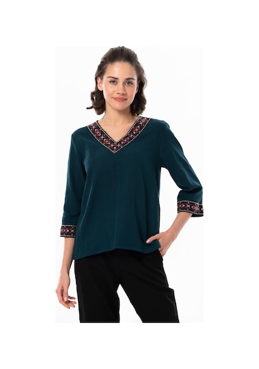 Truvakar Kol V Yaka Nakışlı Talya Şile Bezi Yazlık Bluz Petrol Ptrl-petrol