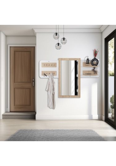 Elbise Askısı / Aynalı Askı / Dekoratif Askılık / Portmanto /duvar Askılık / Flora Dafne Beyaz - Meşe