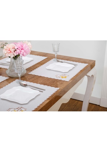 Finezza Dolce Nakışlı Keten Efekt Kumaş Krem Sarı A.Servis 33,5x45 cm 4 Ad-1395 Krem