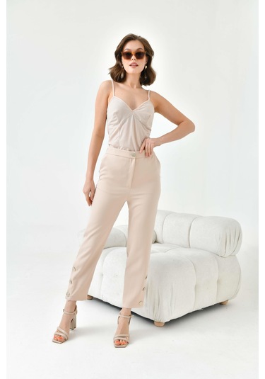 Ftz Women Kadın Dar Paça Düğmeli Pantolon Beige 30779-Beige Bej