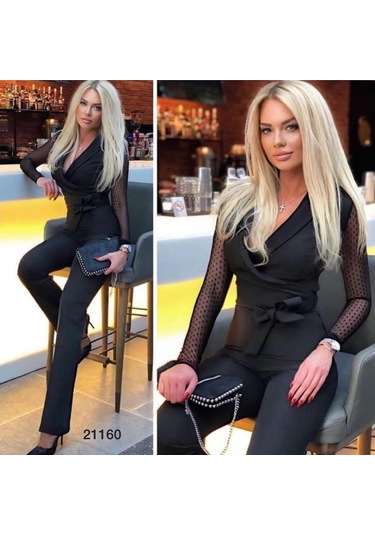 Krep Kumaş Kol Tül Puan Detaylı Kuşaklı Tulum 141 Cm Siyah