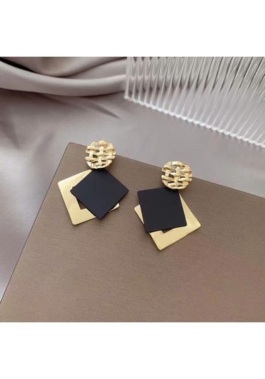 Samdoo Geometrik Kare Desenli, Siyah Email Ve Altın Kaplama, Çift Katlı, Dayanıklı Alaşım, 4.5x3.4 Cm, S925 Gümüş İğne, Modern Retro Küpe Gold