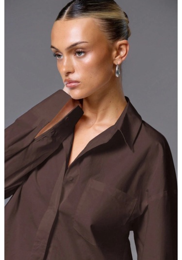 Tarz Cool Kadın Oversize Gömlek Uzun Kollu Basic Salaş Kesim Poplin Trend Şık Günlük Gömlek Kahverengi
