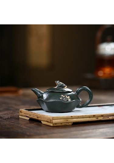 Çaydanlık El Yapımı Lotus Kurbağa Çamur Yeşil Kung Fu Su Isıtıcısı Yaratıcı Çayware Çaydanlıklar Altın - Beyaz