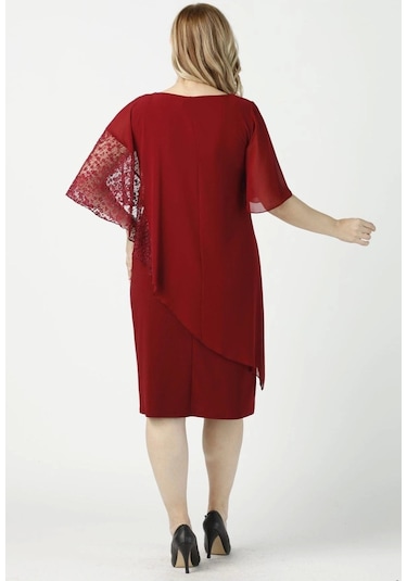 Moda Berray 4051 Bordo Pelerinli Esnek Kumaş Büyük Beden Elbise Bordo