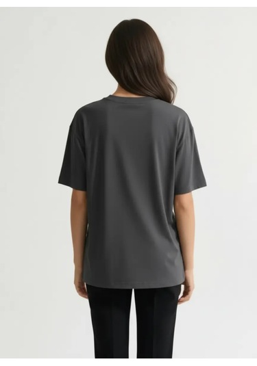 Enva Store Kadın Oversize Fit Yuvarlak Yaka Modal Basic T-shirt Tişört Antrasit