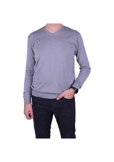 Regular Fit Gri Erkek Pamuklu Düz Triko Kazak, Ot-Kzk-20010