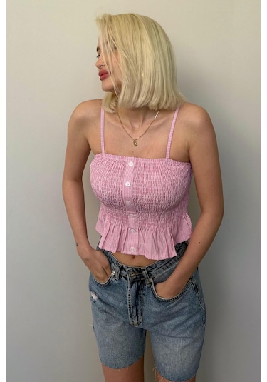 Madmext Pembe Ayarlanabilir Askı Pötikareli Crop Mg2371 Pembe