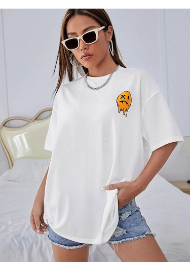 Kadın Beyaz Oversize No More Rules Baskılı Örme T-shirt Beyaz