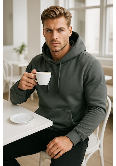 Rich Erkek Füme Pamuklu Cep Detaylı Kapüşonlu Sweatshirt Füme