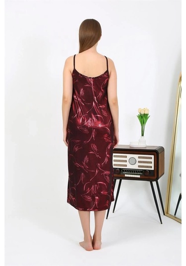 Giyim Kadın İp Askılı Uzun Parlak Micro Elbise Gecelik Bordo Bordo