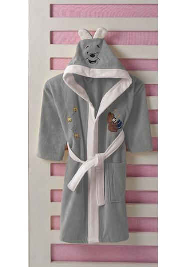 Kapşonlu Pamuk Çocuk Bornozu Gri (4-5, 6-7, 8-9,10-11 Yaş) Gri