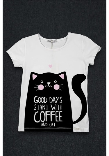 Kız Bebek Beyaz Siyah Kedi Detaylı Yazlık Tişört Beyaz