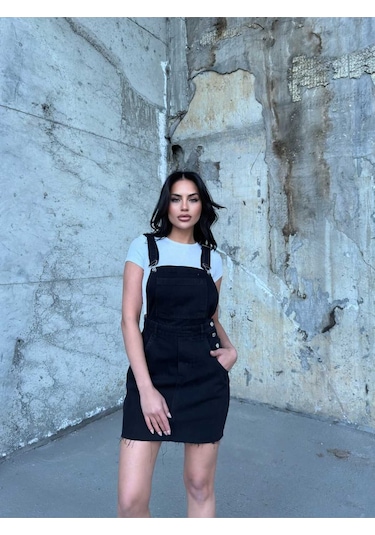 Shevega Kadın Siyah Ucu Kesik Kanguru Cep Etekli Bahçivan Kot Tulum Siyah