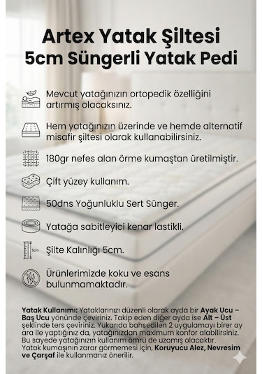 Artex Yer Yatağı 5cm Sünger Şilte Ped Yatak Şiltesi Pedi Topper Sade Mattress Tek Kişilik