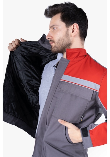 İş Montu Reflektörlü Cepli Kapitoneli Gri - Kırmızı